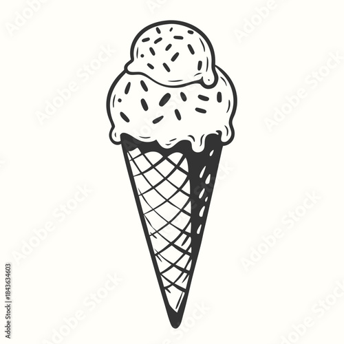 Monochrome scoop ice cream in cone topped with tiny black sprinkles evokes simple joy