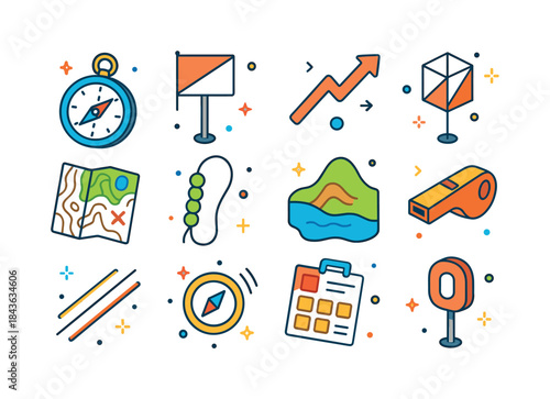 Colorful Orienteering Icons. Orienteering. Colorful isometric ve