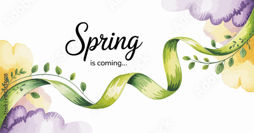 A charming floral illustration with ribbons announcing the arrival of spring, adorned with colorful blooms and lush greenery, representing renewal, hope, and joy.