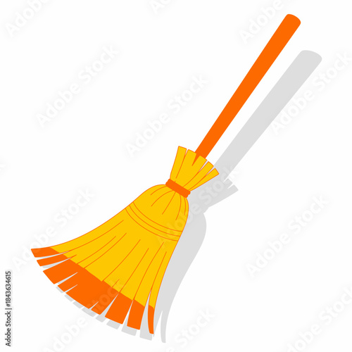 This bright orange and yellow broom is perfect for cleaning and sweeping floors, showcasing a modern design with a playful color palette that makes cleaning fun.
