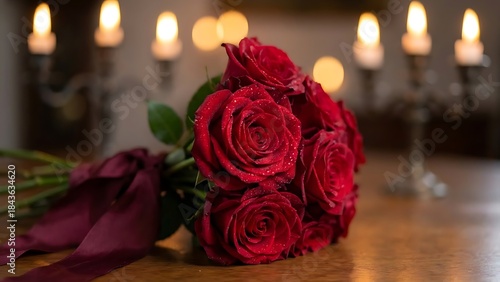 Wallpaper Mural Elegant bouquet of red roses with water droplets and a deep red ribbon, beautifully arranged on a wooden table with vintage candelabras and candles Torontodigital.ca