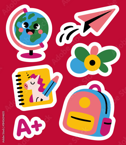 A collection of vibrant and playful stickers depicting fun icons like a globe, unicorn, and backpack, perfect for kids’ craft projects, inspiring creativity and imagination.