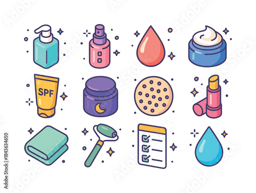 Colorful Skincare Icons. Daily skin routine. Colorful isometric