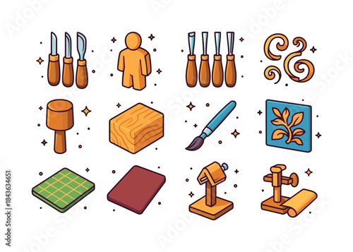 Wood Carving Icons. Wood Carving. Colorful isometric vector icon