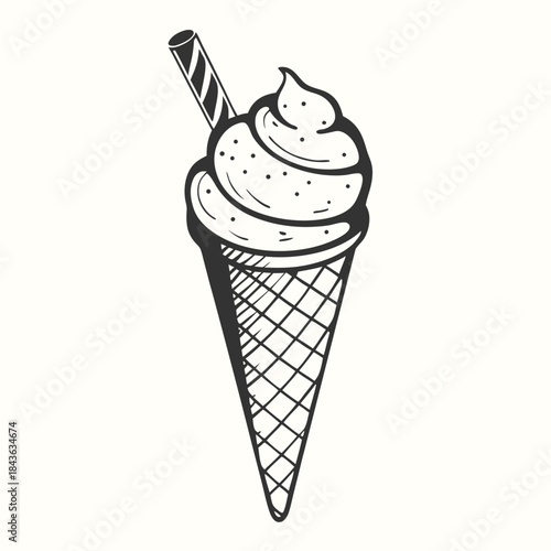 Monochrome sketch shows an ice cream cone topped with cream and wafer stick