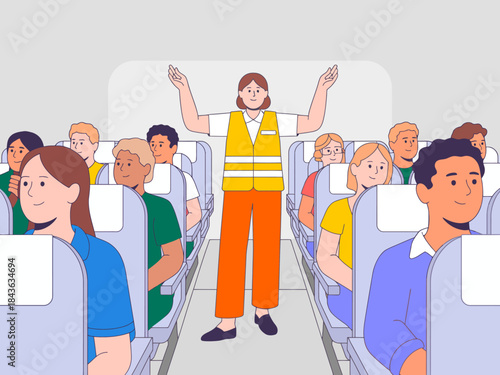 This image showcases flight attendants demonstrating safety procedures inside an airplane, illustrating the importance of passenger safety during air travel.
