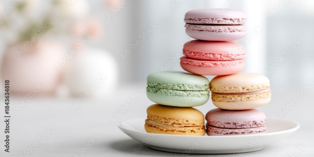 Fototapeta premium Pastel macarons stacked on white plate