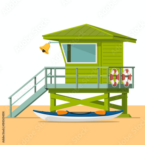 This colorful lifeguard tower stands on a sandy beach, showcasing safety measures, summer vibes, and a relaxing environment perfect for beachgoers enjoying their day.