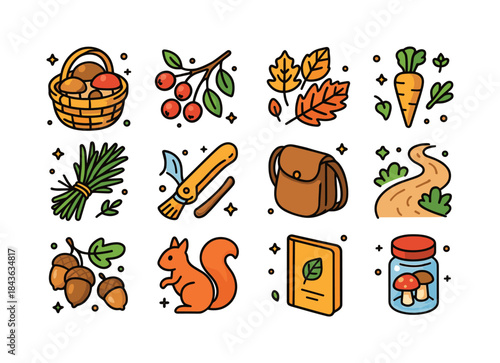 Autumn Foraging Icons. Autumn foraging. Colorful isometric vecto