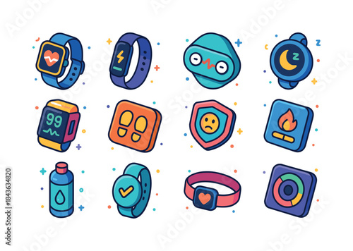 Wearable Health Icons. Wearable Health Tech. Colorful isometric