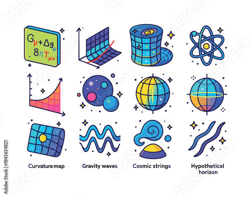 Colorful Cosmology Icons. Theoretical Cosmology. Colorful isomet
