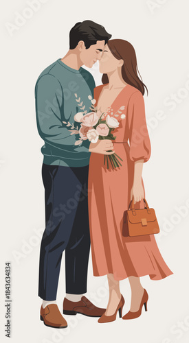 A romantic couple sharing a tender moment as they embrace each other holding a bouquet of flowers, symbolizing love and affection in a charming illustration.