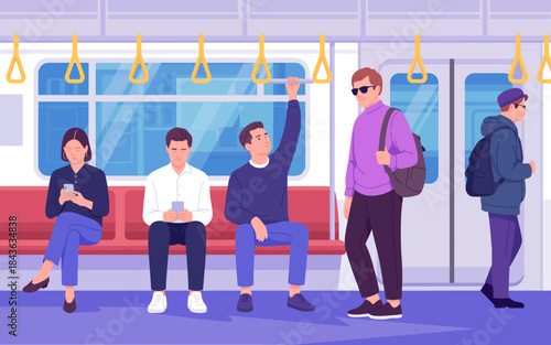 A vibrant illustration showcases diverse people commuting in a modern train, encapsulating the daily hustle and bustle of urban life and the connection of communities through transport.