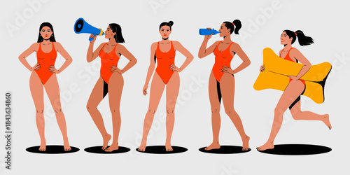 A lively series of five women in vibrant swimsuits captures their preparation for a fun beach day, showcasing friendship, confidence, and carefree joy in summer vibes.