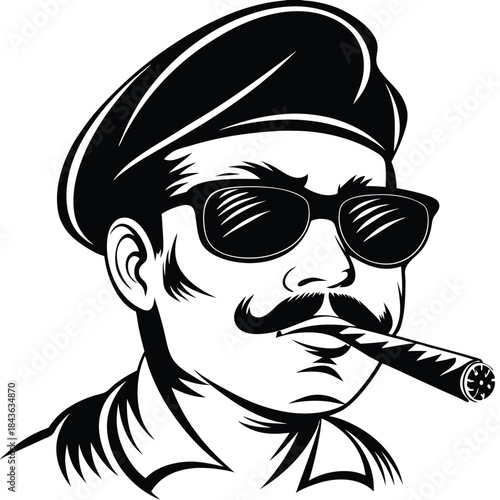 Mustached man in black sunglasses and beret smokes a cigar, creating a bold look