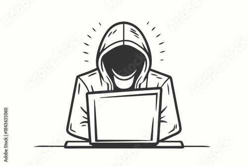 Mysterious hacker in hoodie intently stares at a glowing laptop screen with focus
