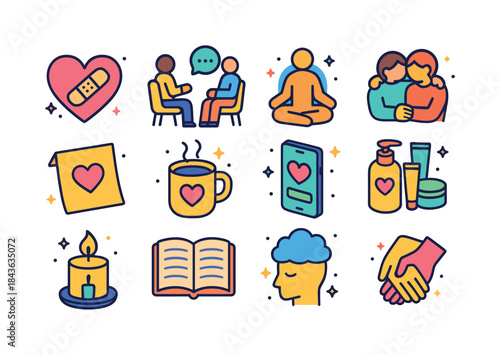 Emotional Healing Icons. Emotional healing. Colorful isometric v