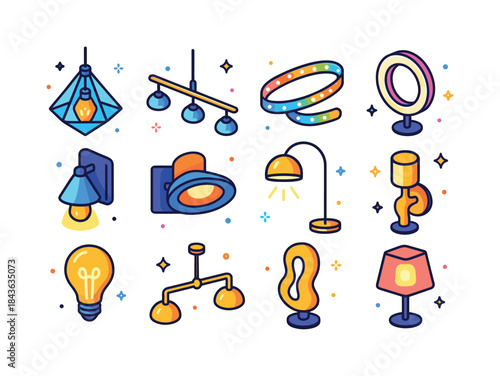 Colorful Lighting Icons Set. Modern Lighting. Colorful isometric