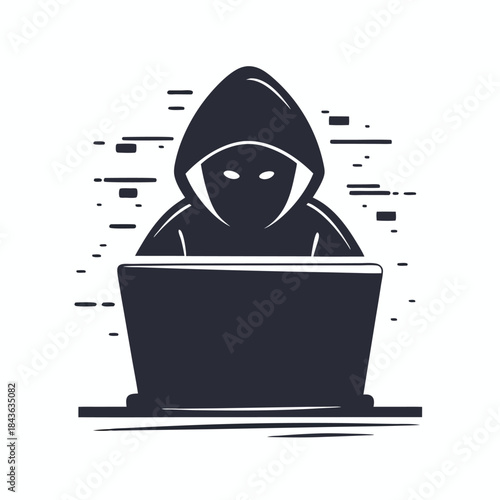 Mysterious hooded figure manipulates a laptop, leaving a digital trail of coded signals and symbols