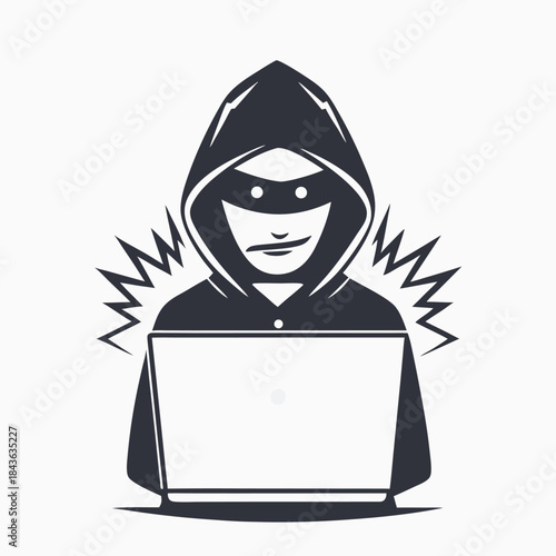 Mysterious hacker in a dark hood sits behind a laptop, surrounded by sharp lines