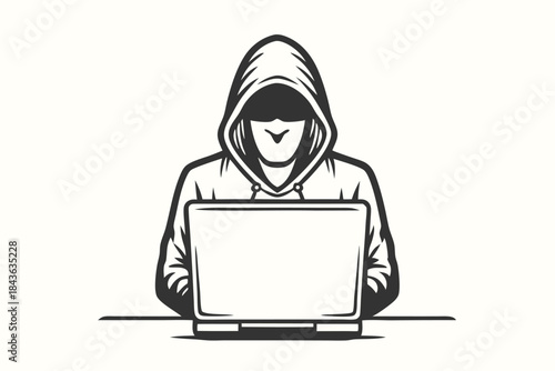 Mysterious hooded figure sits before a computer, its screen a blank canvas of potential