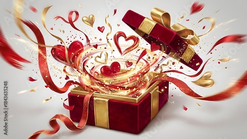 Wallpaper Mural Red gift box opening with golden ribbons and sparkling hearts bursting out on white background Torontodigital.ca
