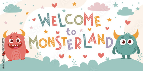 Cute cartoon monsters welcome banner. Flat vector illustration for kids.