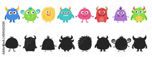 Cute monster characters set with colorful cartoon creatures and black silhouettes for kids games and design.