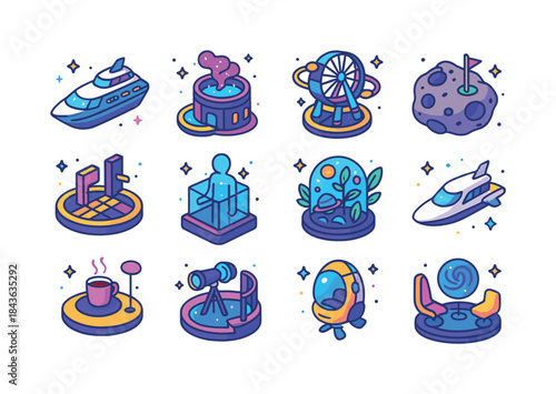 Space Leisure Icons. Future space leisure. Colorful isometric ve