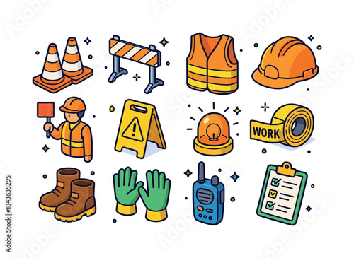 Work Zone Safety Icons. Work zone safety. Colorful isometric vec