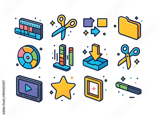Video Editing Icons. Video editing. Colorful isometric vector ic