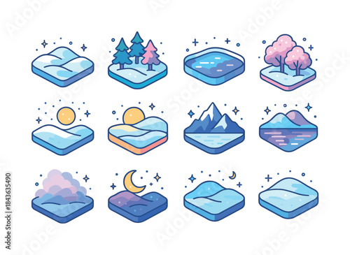 Isometric Winter Icons. Winter Landscapes. Colorful isometric ve