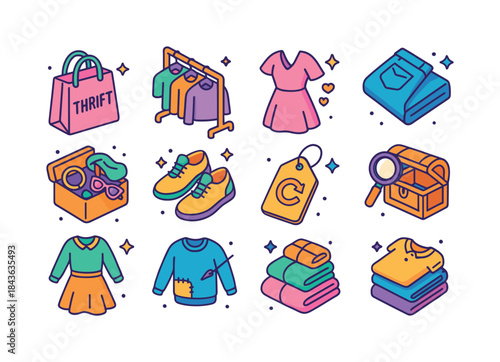 Thrift Fashion Icons. thrift fashion. Colorful isometric vector