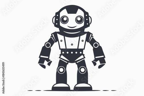 Outline drawing displays a charming small monochrome robot standing innocently on a white backdrop