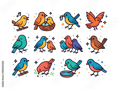 Colorful Bird Icons. Bird Behavior. Colorful isometric vector ic