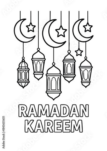 Ramadan Kareem coloring page with crescent moons and lanterns