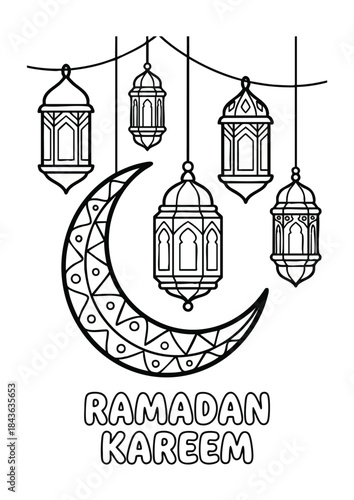 Ramadan Kareem coloring page with crescent moon and lanterns