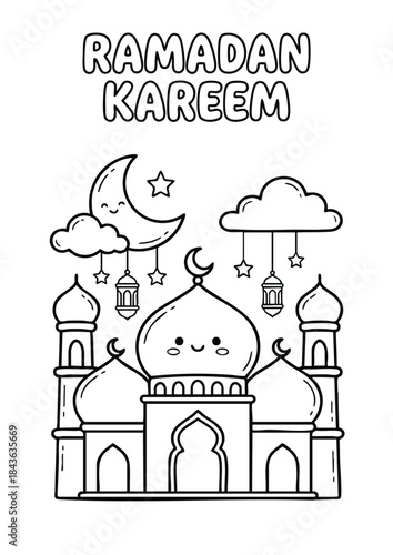 Cute Ramadan Kareem Coloring Page with Mosque and Crescent Moon