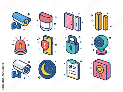 Home Security Icons. Home monitoring. Colorful isometric vector