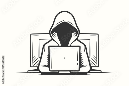 Outlined hooded person working behind laptop with dual monitors displayed clearly