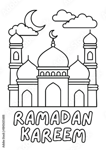 Ramadan Kareem coloring page with mosque and crescent moon design