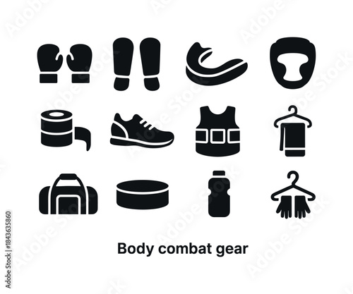 Combat Gear Icons. Body combat gear. Solid icon set of body comb