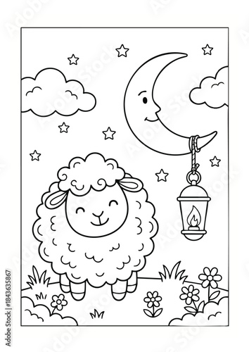Cute Sheep and Smiling Moon in Nighttime Coloring Page