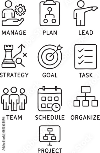 Management Outline Icon Set – Planning, Strategy, Leadership, Team, Project & Task Icons