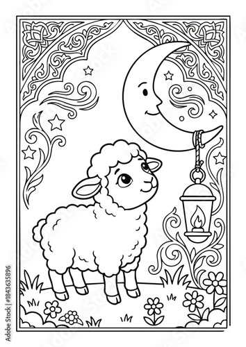 Cute lamb gazing at smiling moon with ornate lantern design