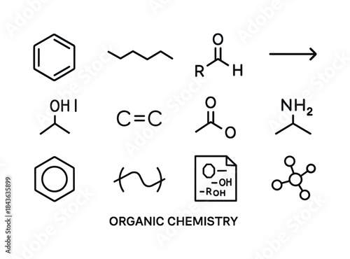 Organic Chemistry Icons. Organic chemistry. Line icon set of Org