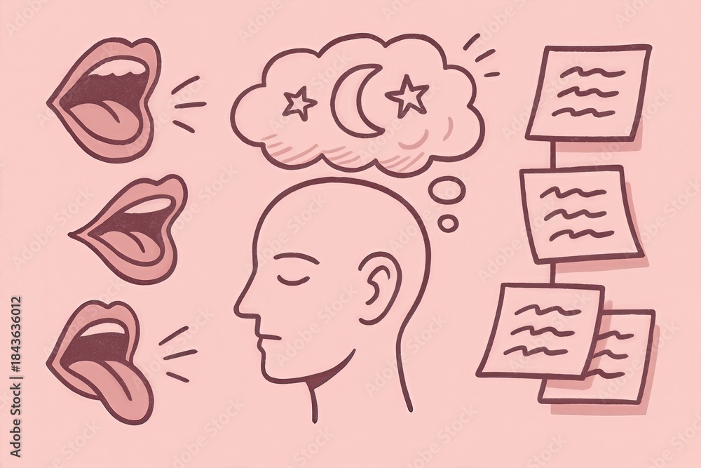 Fototapeta premium Engaging visual representation of introspective thought with expressive mouths and a meditative head amidst a backdrop of notes and imaginative symbols denoting communication depth and cognitive
