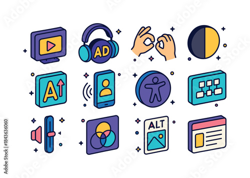 Colorful Accessibility Icons. Multimedia accessibility. Colorful