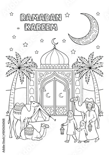 Ramadan coloring page with mosque, camels, and crescent moon