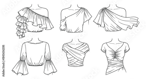 Large Vector Collection of Fashion Flat Technical Sketches for Modern Blazers, Draped Tops, Blouses, and Puff Sleeve Designs